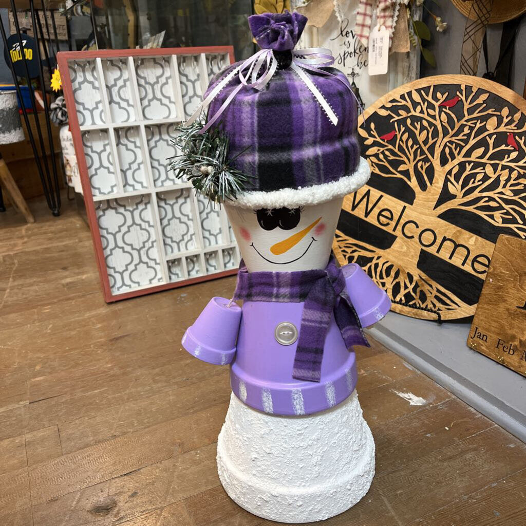 Clay Pot Purple Girl Snowman