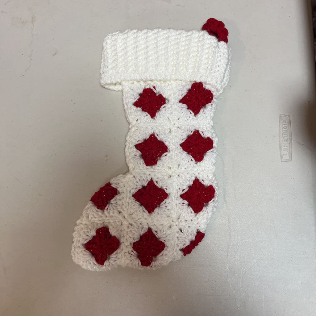 Crochet Christmas Stocking White w/Red Flower Sparkle