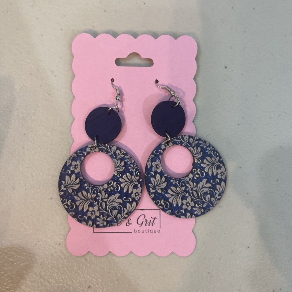 DRK Blue & Mocha Wood Floral Circle Earring