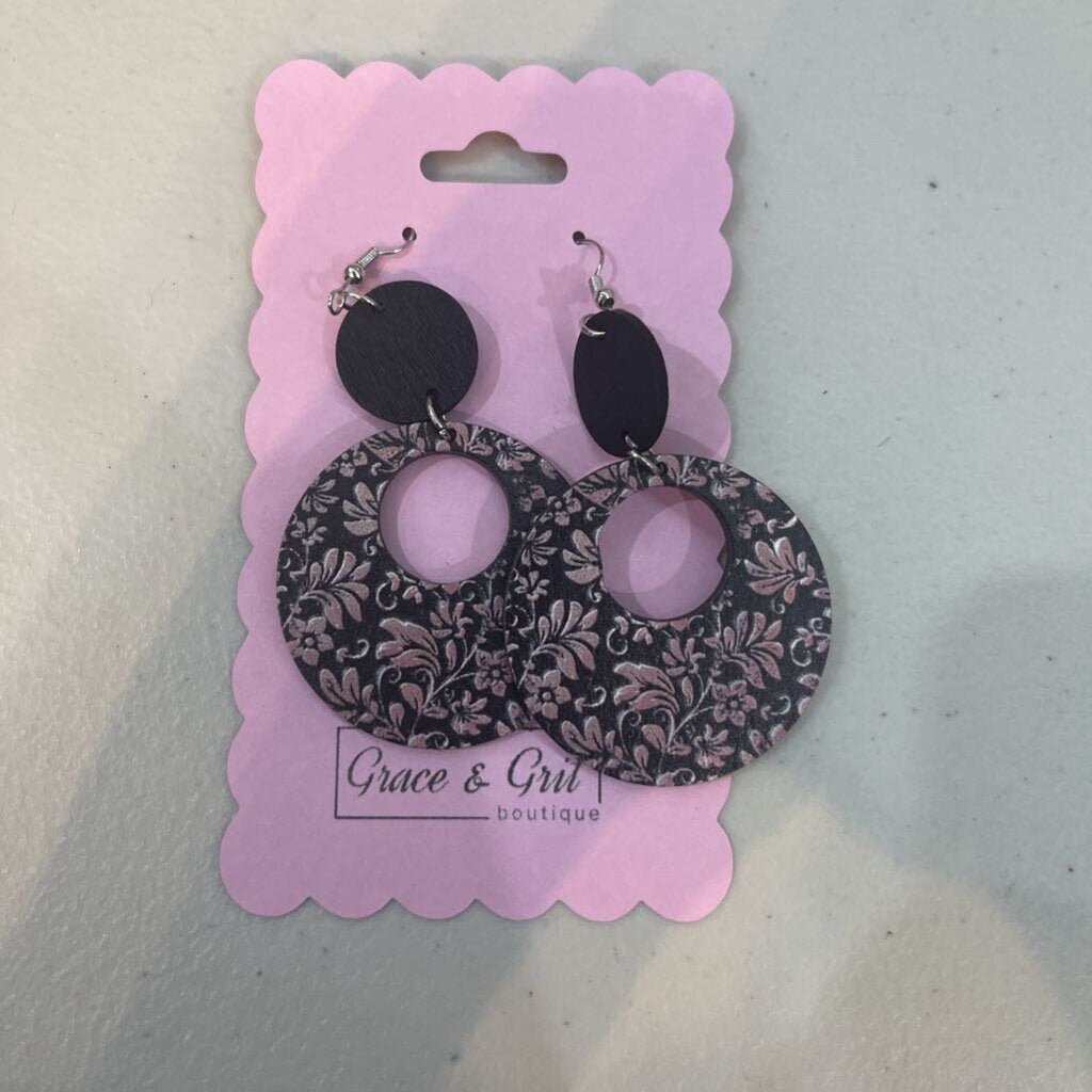 Black & Pink Wood Floral Circle Earring