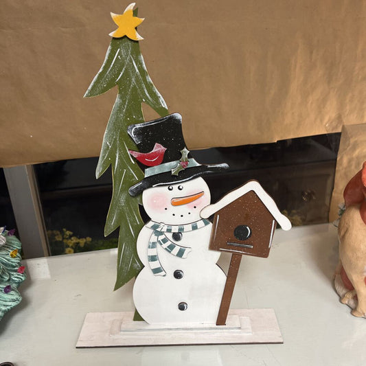 Snowman w/ Tree and Birdhouse Shelf Sitter