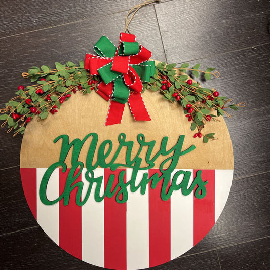 Round Candy Cane Stripe Door Hanger w/Red&Green Bow
