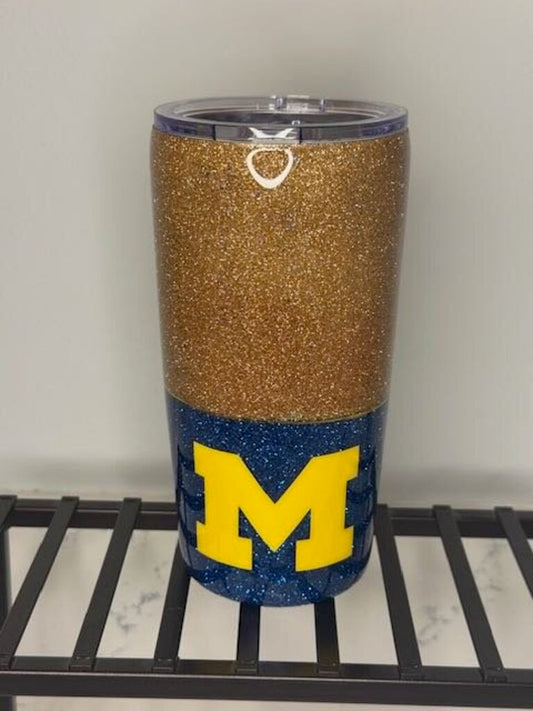 Michigan 20oz Tumbler Blu/Gld Glitter