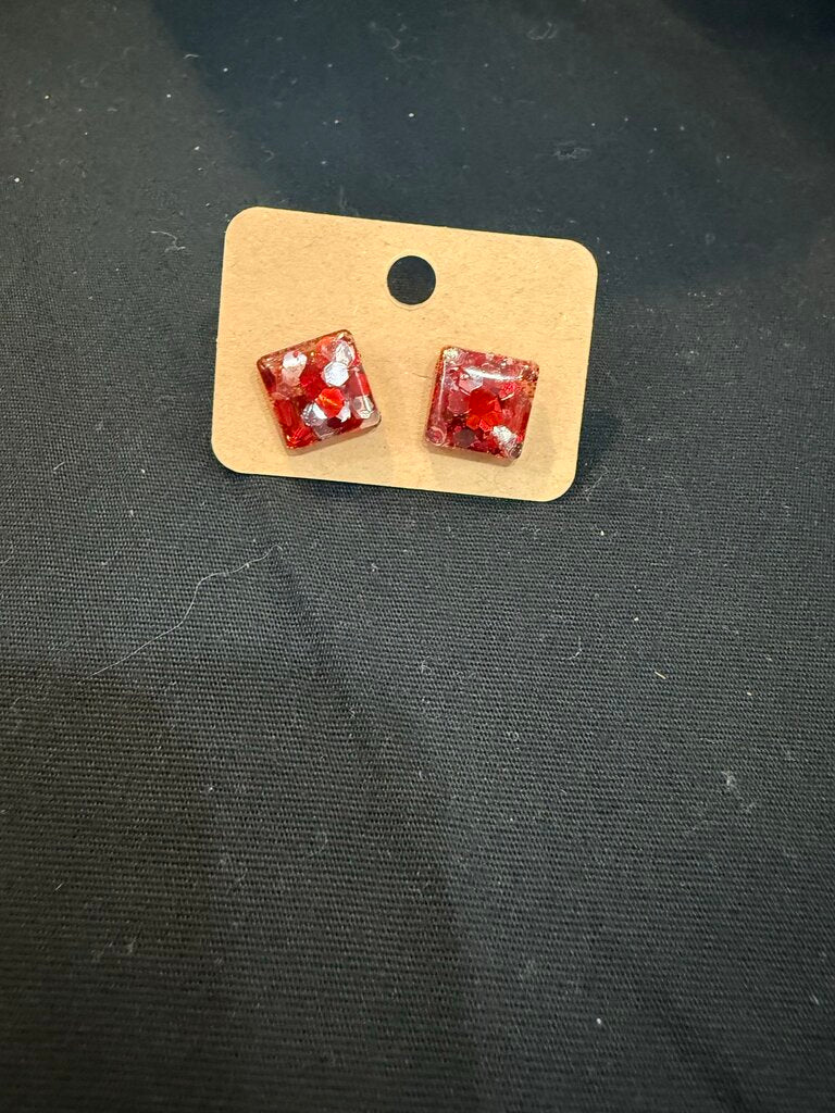 Earring Square Red & Silver