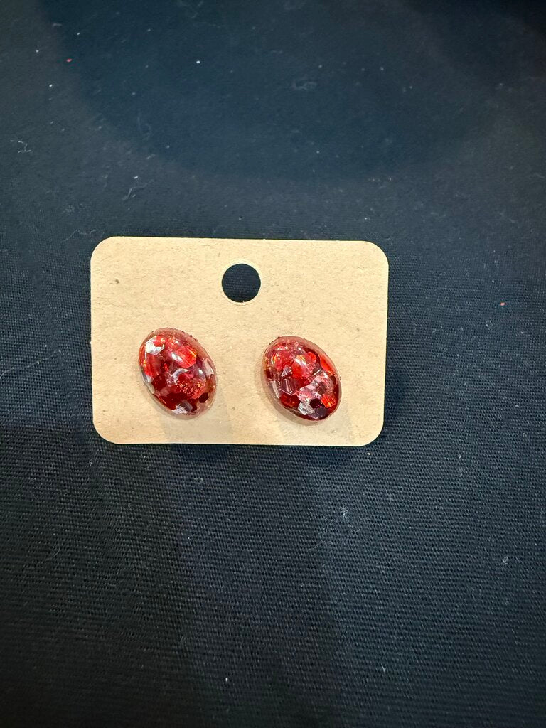Earring Oval Red & Silver