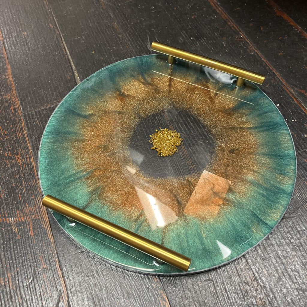 Round Tray w/Handles-Bl-Grn Gold