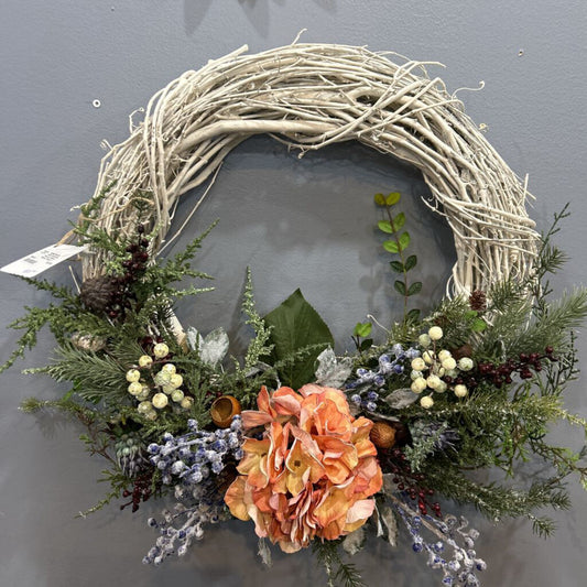 White Grapevine Wreath, Salmon Flower, Purple + White Accents