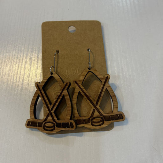 Wood Engraved Crossed Hockey Sticks Earrings
