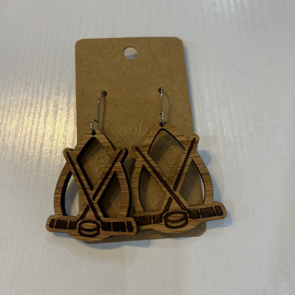 Wood Engraved Crossed Hockey Sticks Earrings