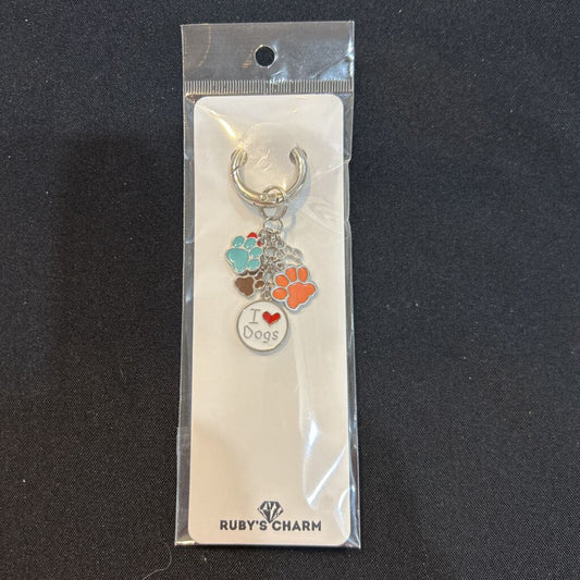 Charm Keychain I Heart Dogs with Paw Prints