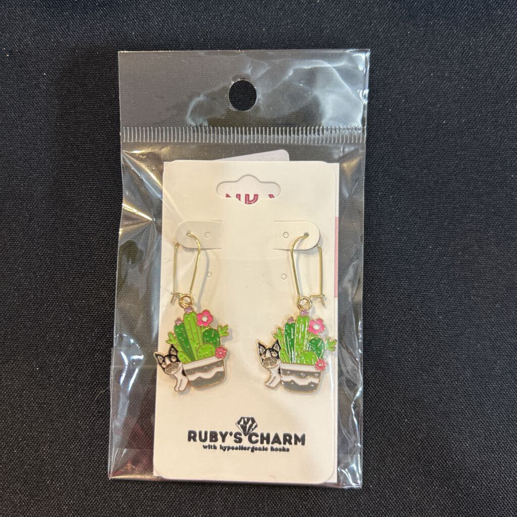 Dangle Earrings Boston Terrier with Cactus
