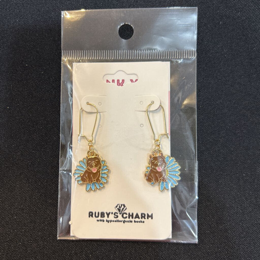 Dangle Earrings Brown Bully Dog on Blue Flower