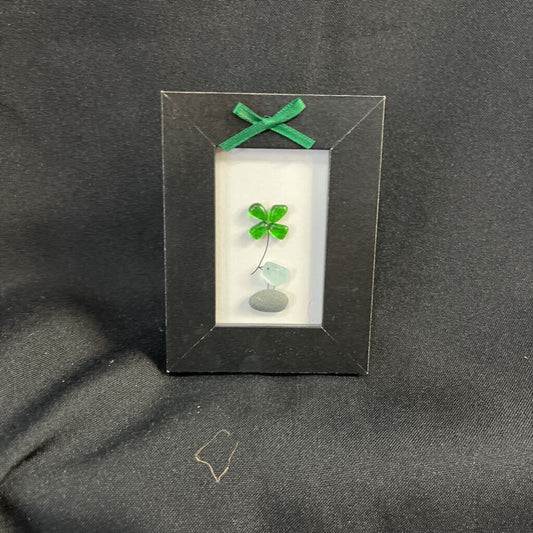 Black Frame; bird on stone w/ shamrock