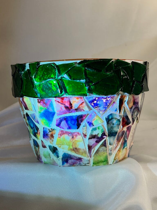 Mosaic Pot Green glass w/alcohol ink tiles