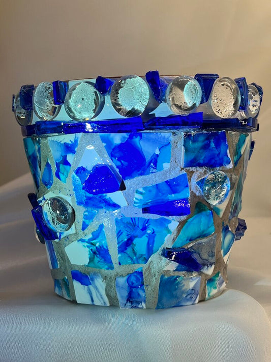Mosaic Pot blue glass w/alcohol ink tiles, clear marbles