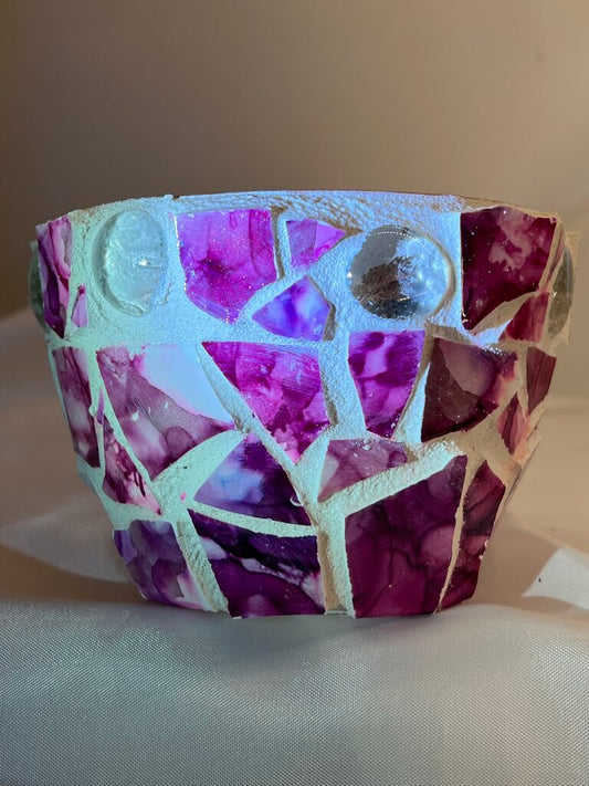 Mosaic Pot pink w/alcohol ink tiles, clear marbles
