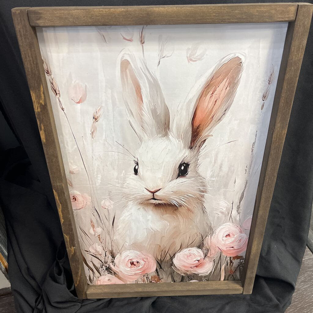 White Bunny w/pink Roses Canvas framed