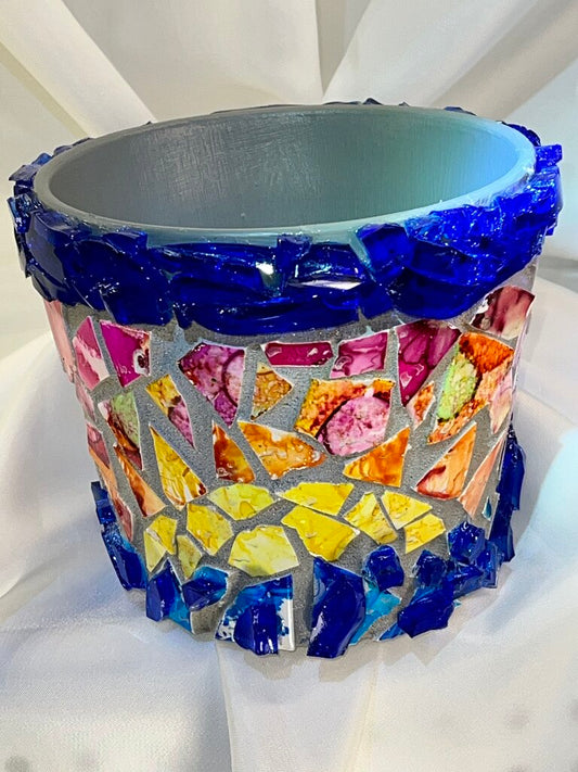 Mosaic 6" pot Sunset over Lake blue glass/ grey grout