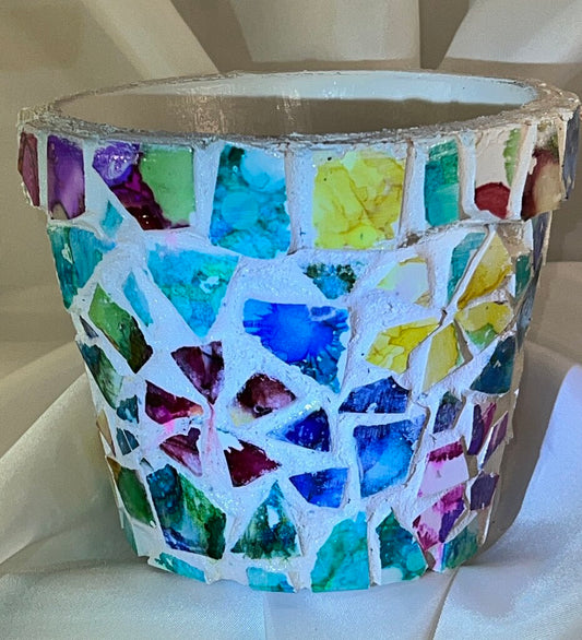 Mosaic 6" pot, mini floral, blue/ multi color, white grout