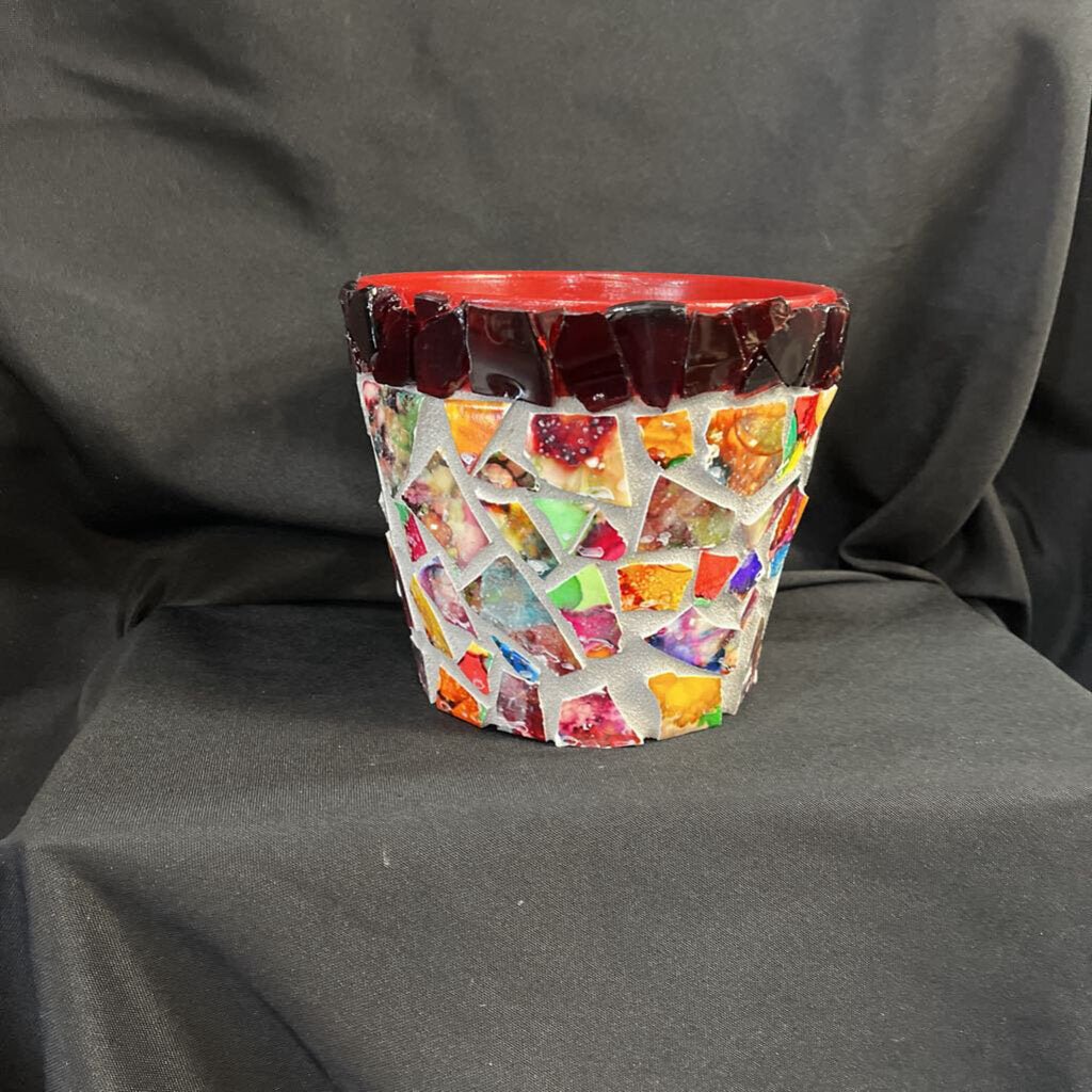 Mosaic 6" pot, ruby red rim, multi color, grey grout