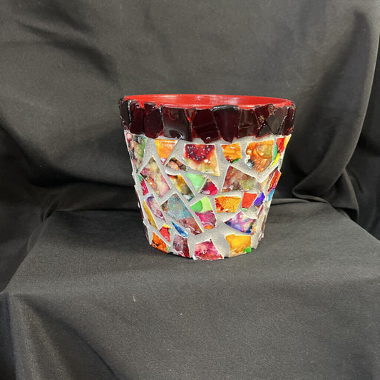 Mosaic 6" pot, ruby red rim, multi color, grey grout
