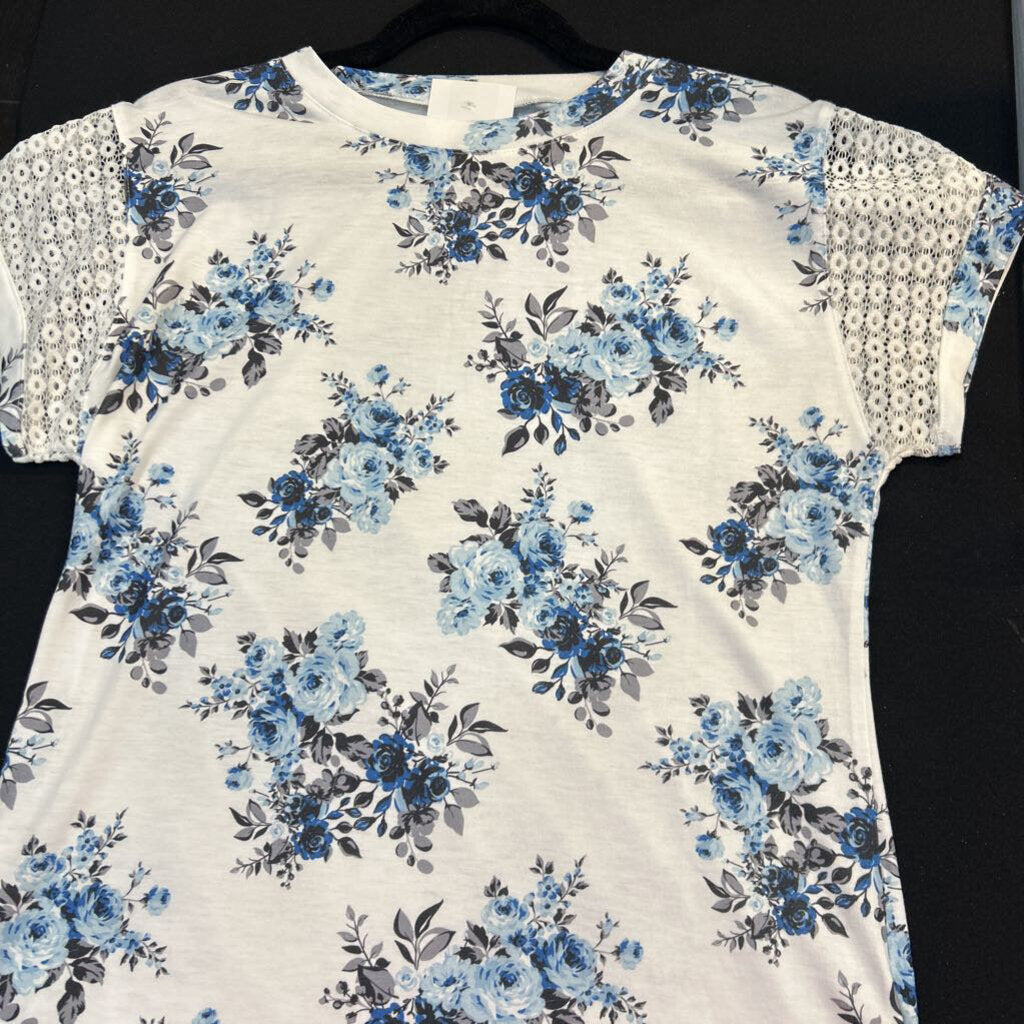 Blue Floral Lace Sleeve Top-XL