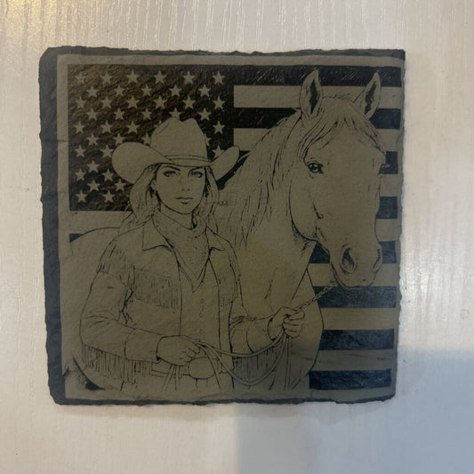 Cowgirl w/horse & flag Slate Coaster