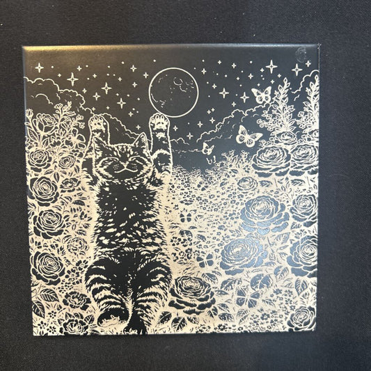 6x6 Slate Tile Cat w/flowers & moon