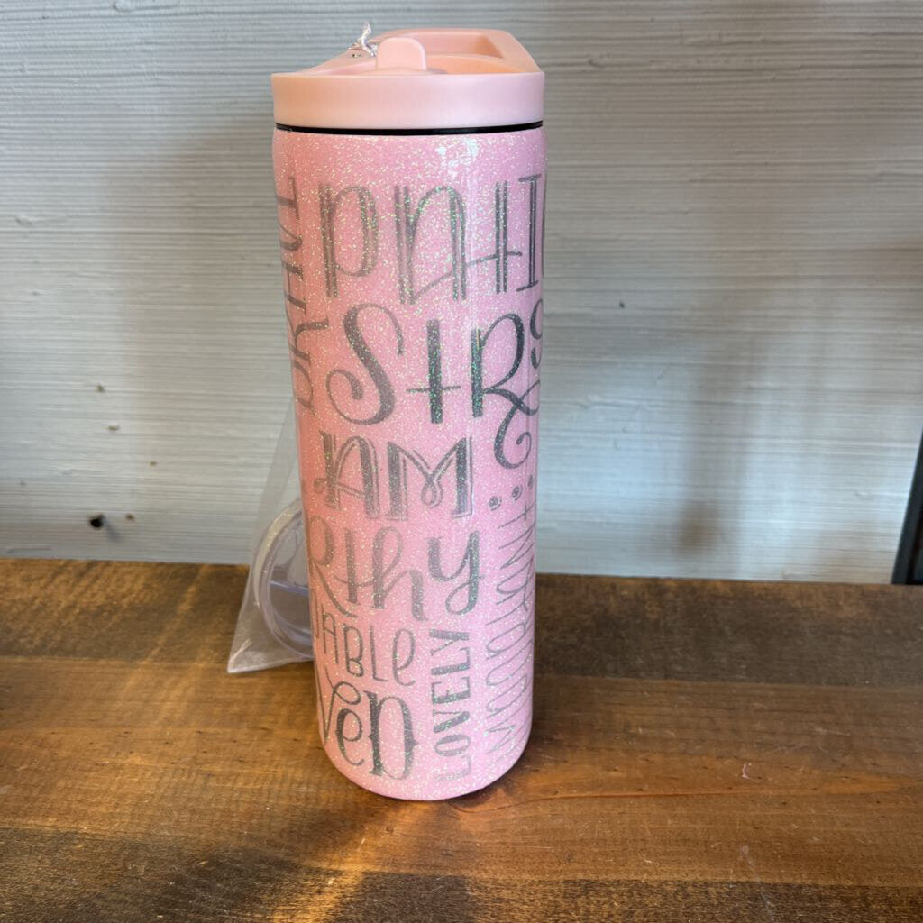I am Strong Pink Glitter Tumbler