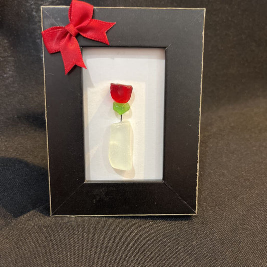 Beach Glass; Sm Black Frame Red Bow, Vase w/Rose