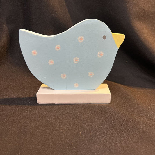 Wood pastel blue Bird with Flowers on base