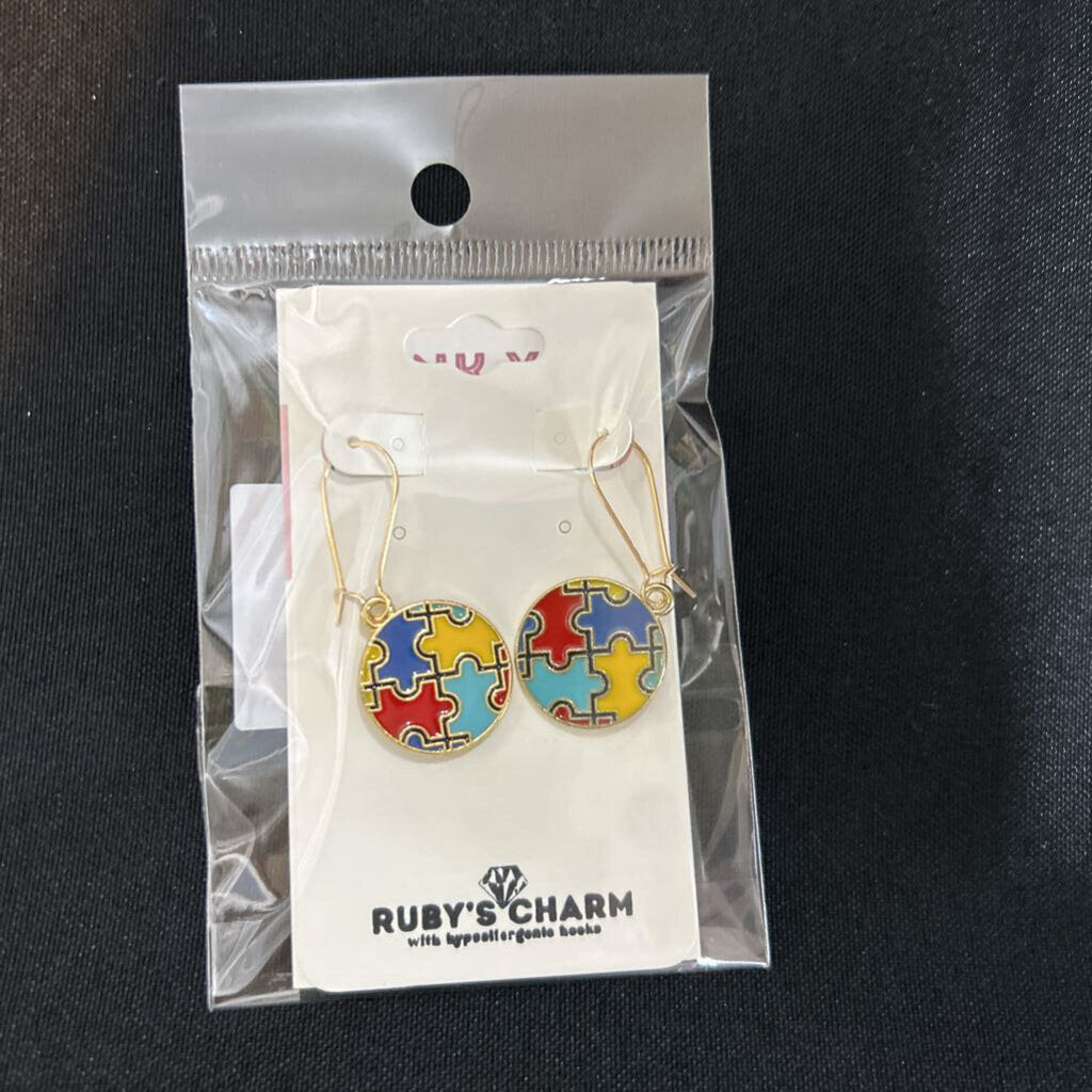 Dangle Earring,circle puzzle pieces, multi color, hypoallergenic hooks