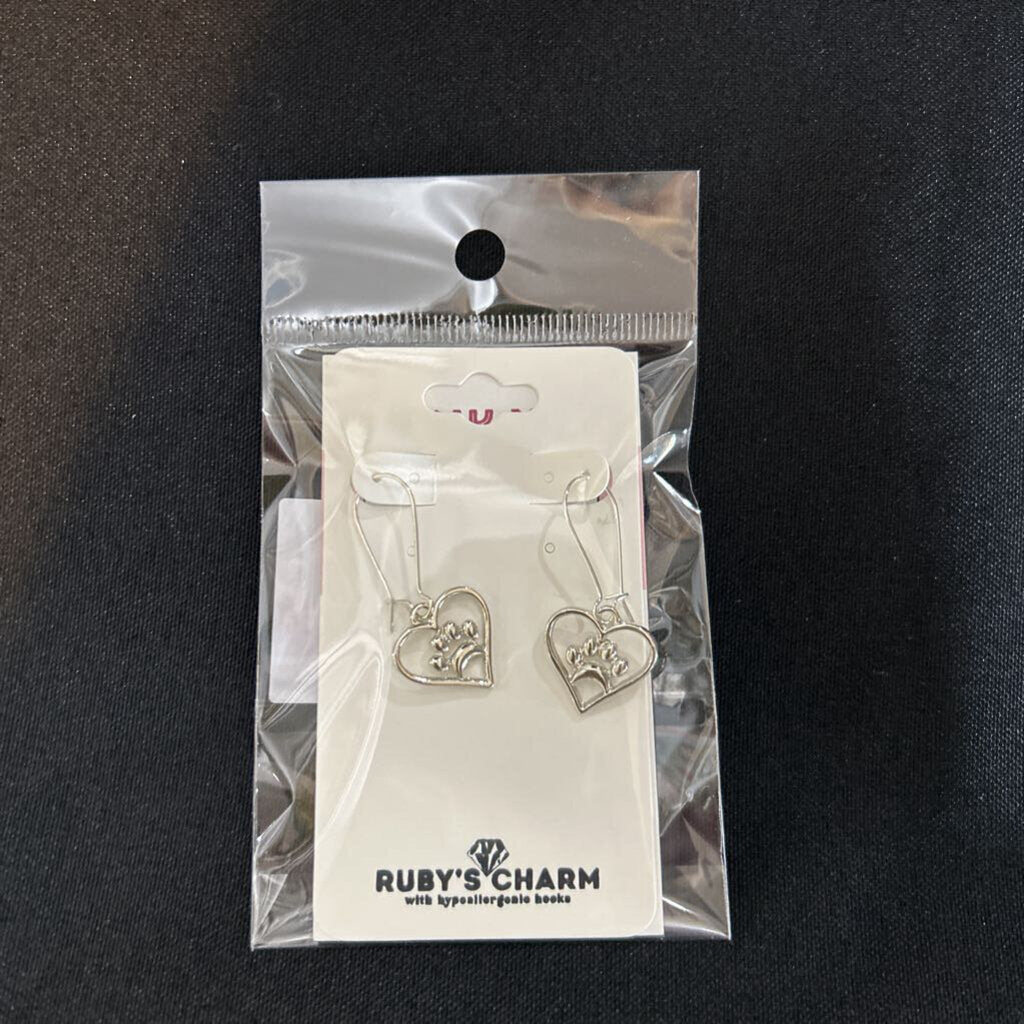 Dangle Earring, silver pawprint heart, hypoallergenic hooks