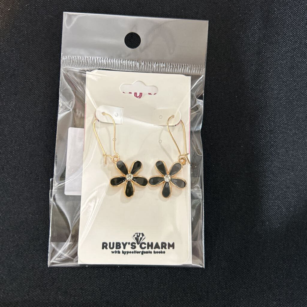 Dangle Earring,Black Flower w/ gem, hypoallergenic hooks