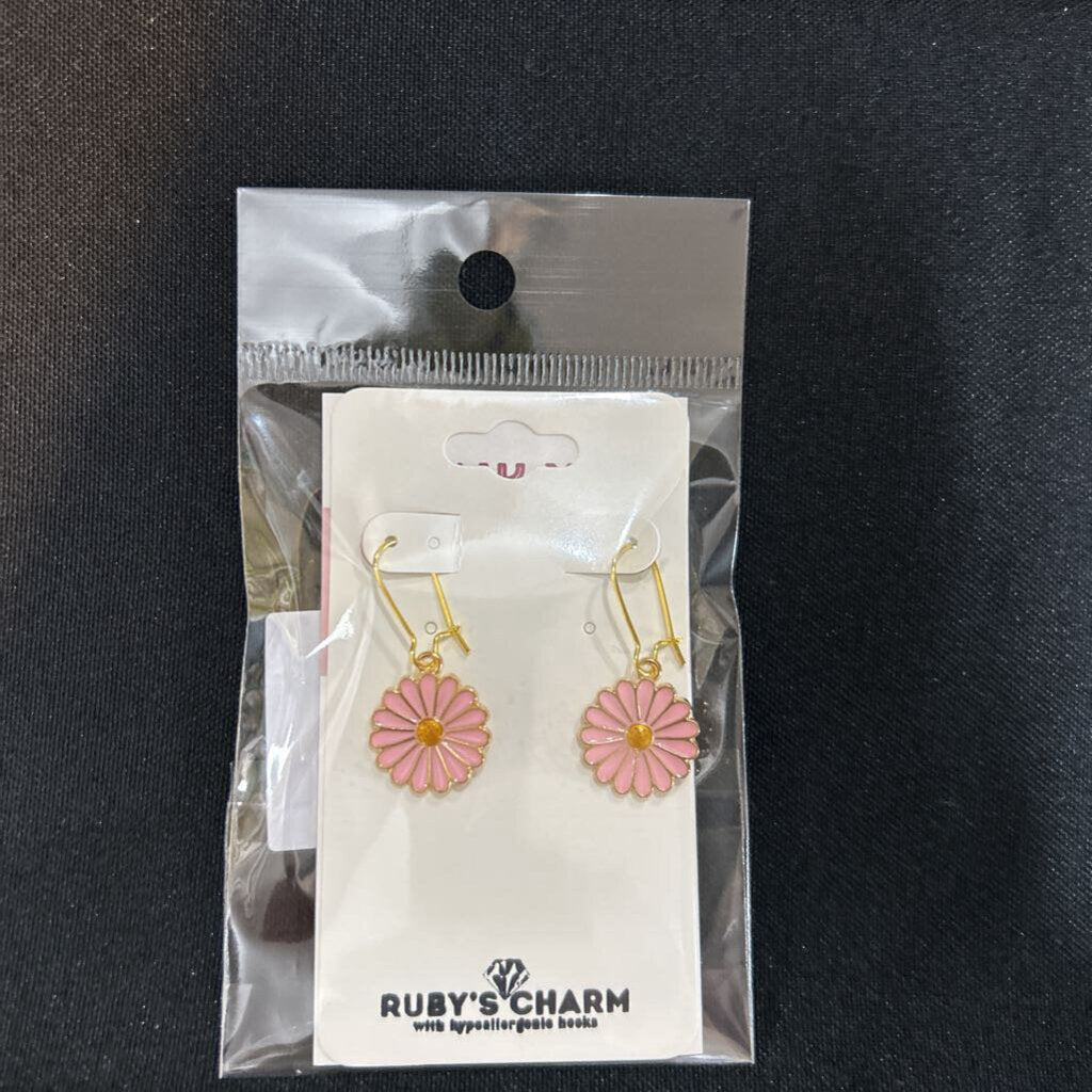 Dangle Earring, Pink Daisy, hypoallergenic hook