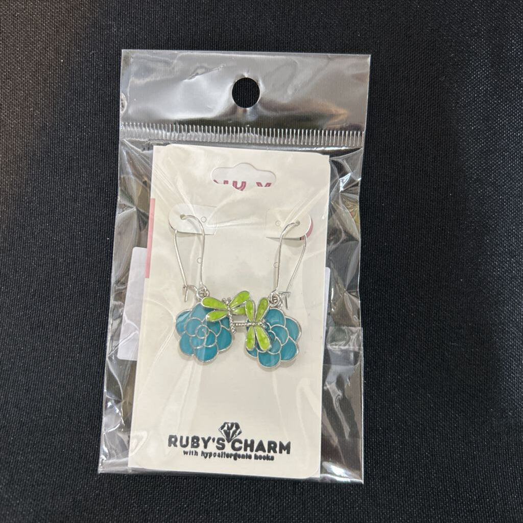 Dangle Earring, Green Dragonfly Bue Flower, hypoallergenic hook