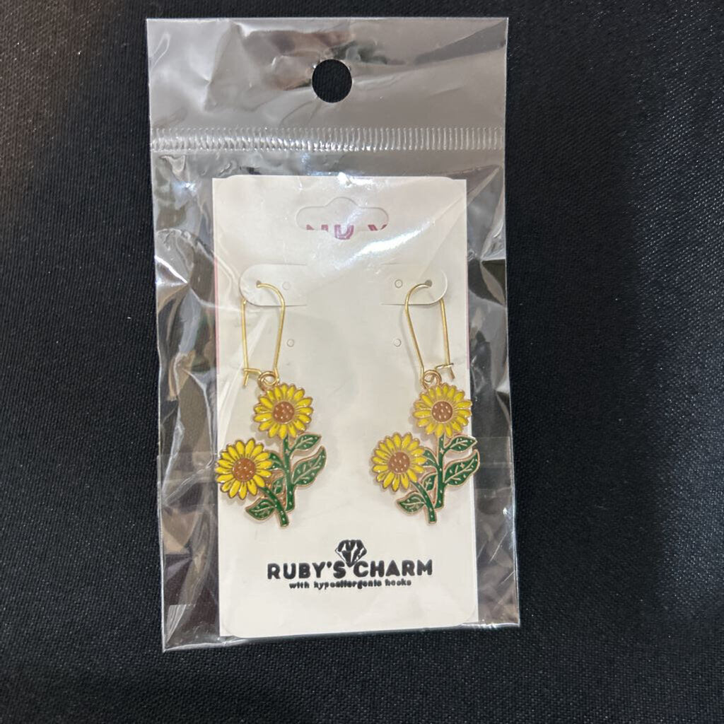 Dangle Earring, 2 Sunflowers, hypoallergenic hook