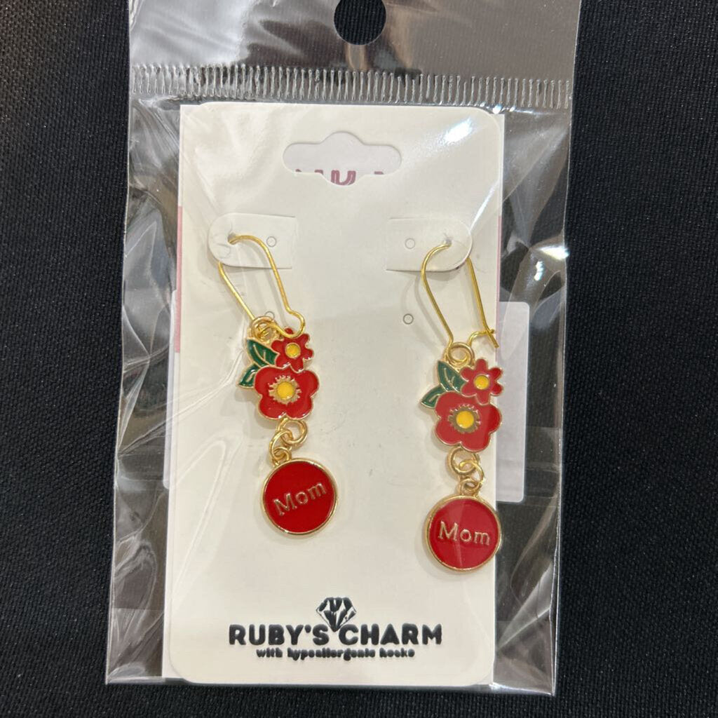 Dangle Earring, MOM Flower red, hypoallergenic hook