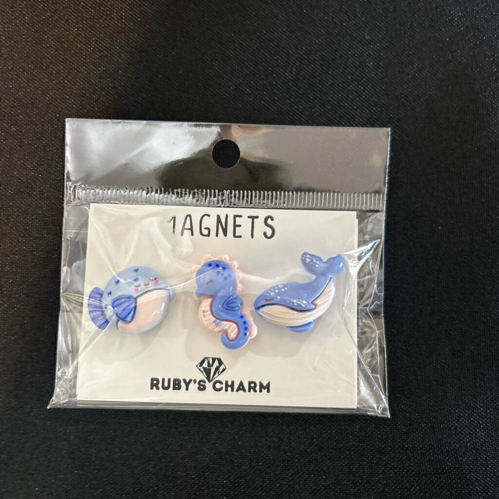Magnet, Puffersih, Seahorse, Whale, set of 3 blue
