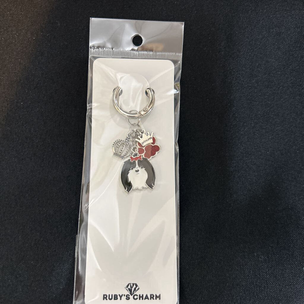 Charm Keychain Pekingese Princess (black) red paw 3/4" ring