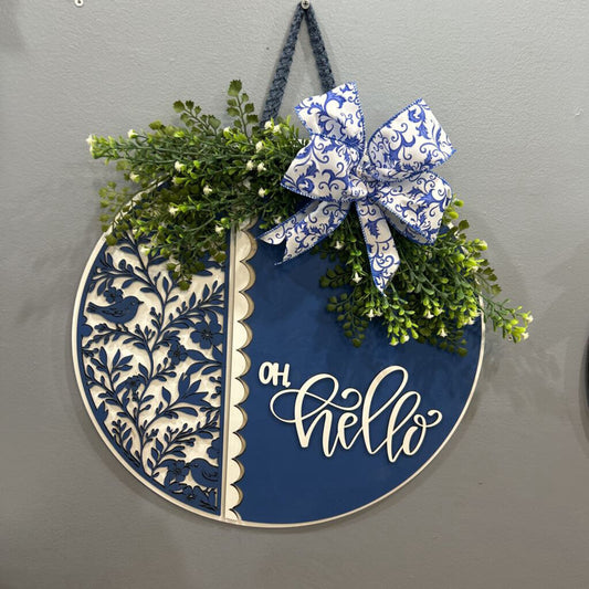 Door Hanger Oh Hello Blue and White Floral 19"