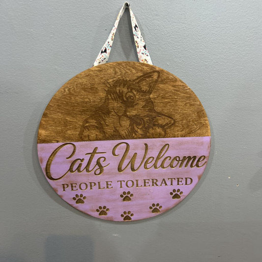 Cats Welcome Purple Door Hanger 14"