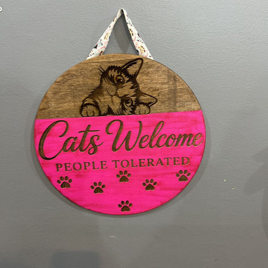 Cats Welcome Pink Door Hanger 14"
