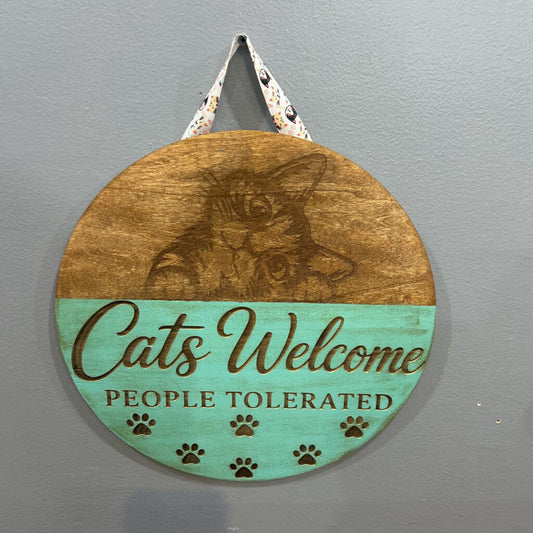 Cats Welcome Teal Door Hanger 14"
