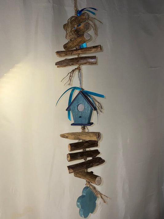 Primitive Wood House Windchime Style Decor (blue)