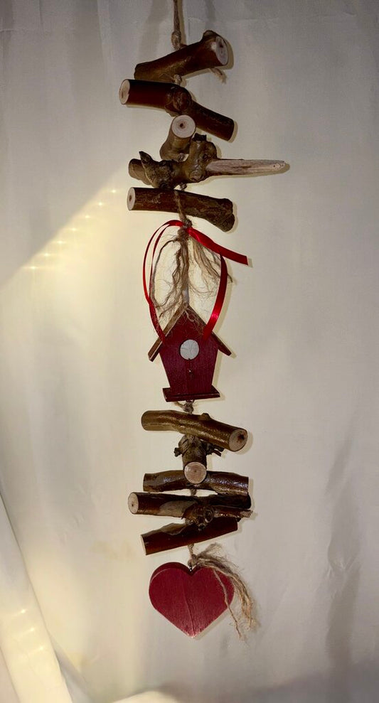 Primitive Wood House Windchime Style Decor (red)