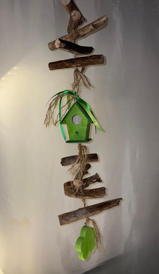 Primitive Wood House Windchime Style Decor (green)