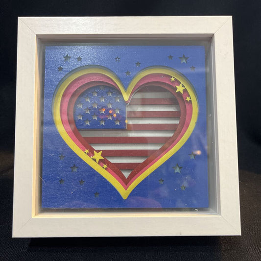 USA Flag inside a heart white shadowbox