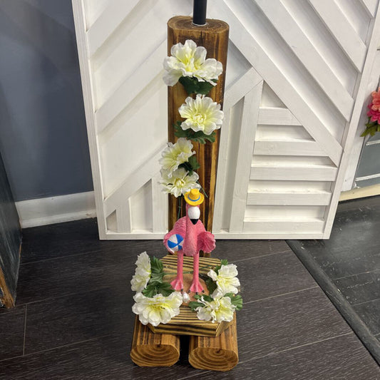 Standing Flamingo w/ Yellow Hat Solar Light (white flowers)