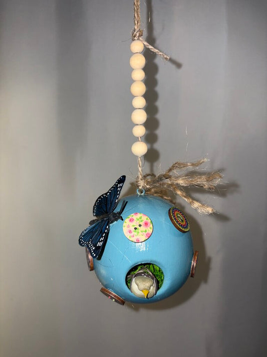 Blue w/ Buttons Ceramic Bird House